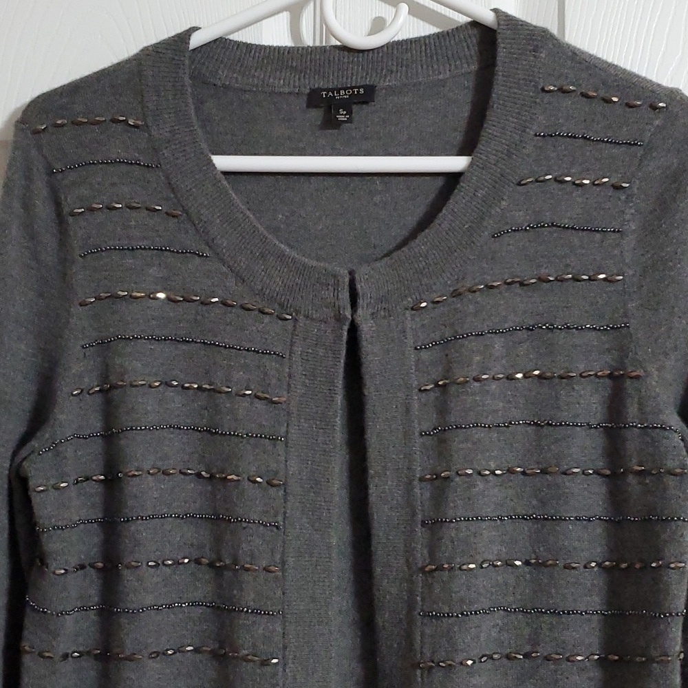 Talbots Petites Grey Beaded Cardigan Sweater Elegant Wool Blend Embellished SP